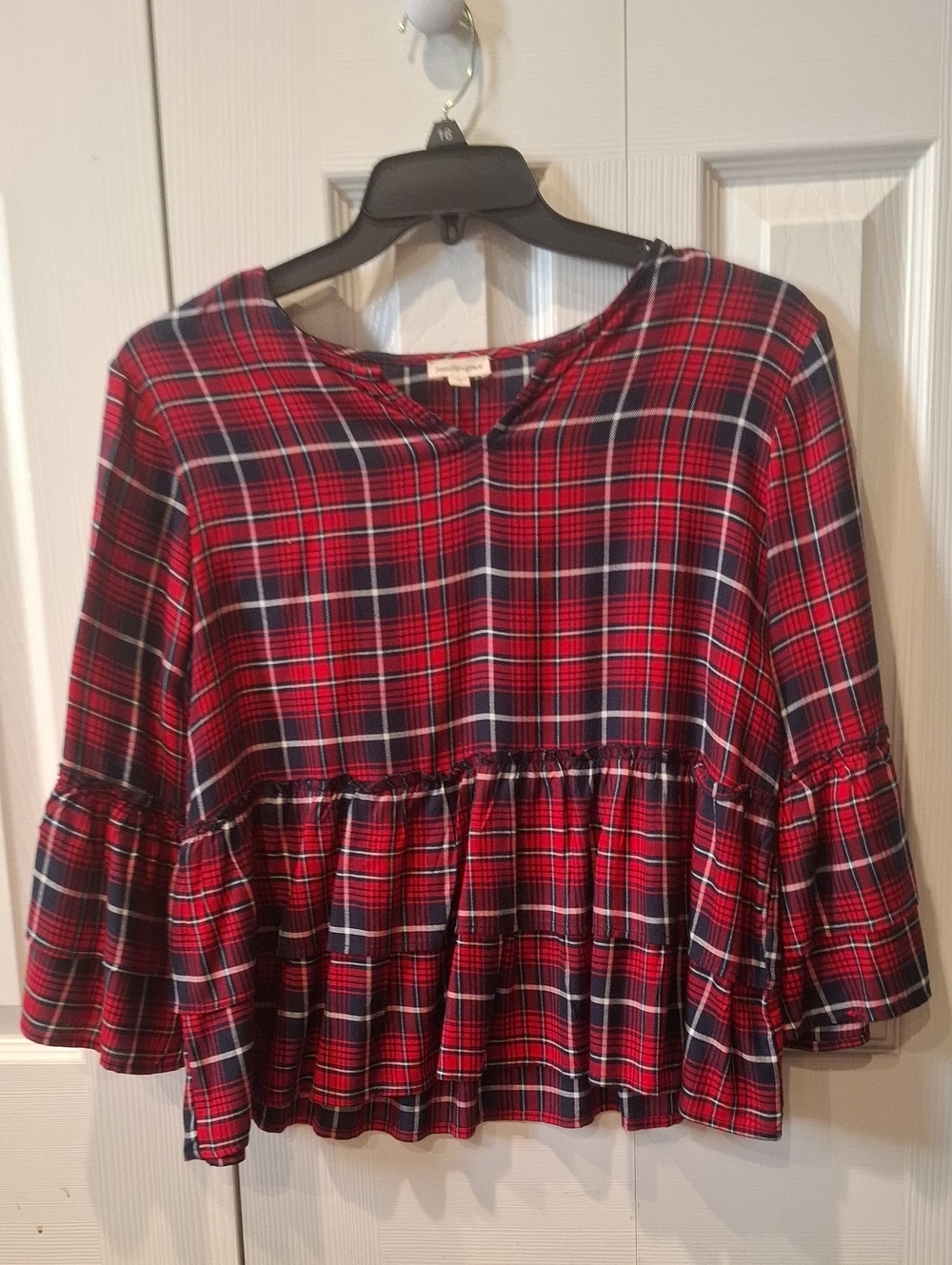 Plaid Ruffle Hem Women's Top - Red Navy